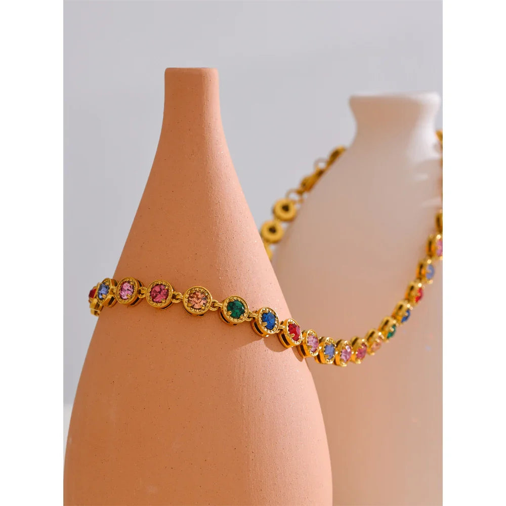 Yhpup Popular Shiny Cubic Zirconia Chain Luxury Necklace Bracelet Bangle Gold Color Platinum Plated Temperament Jewelry New