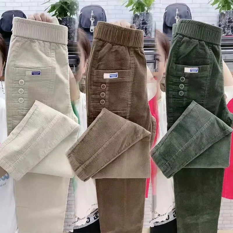 Women Warm Spring Winter Button Pockets Ruffles Vintage Pant