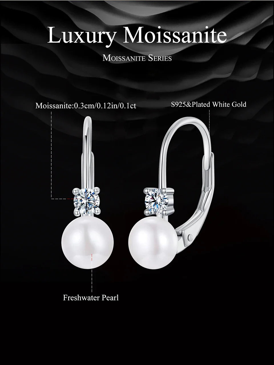 BAMOER Moissanite Freshwater Pearl Earrings for Women Wedding, Round Cut Lab Diamond 925 Sterling Silver Drop Dangle Ear Buckles