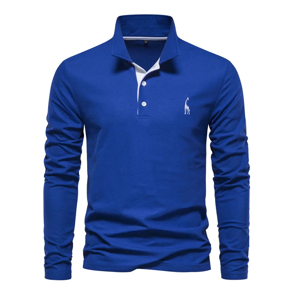 AIOPESON 2023 New Men's Deer Embroidery Polo Shirts Solid Color Long Sleeve Social Business Male
