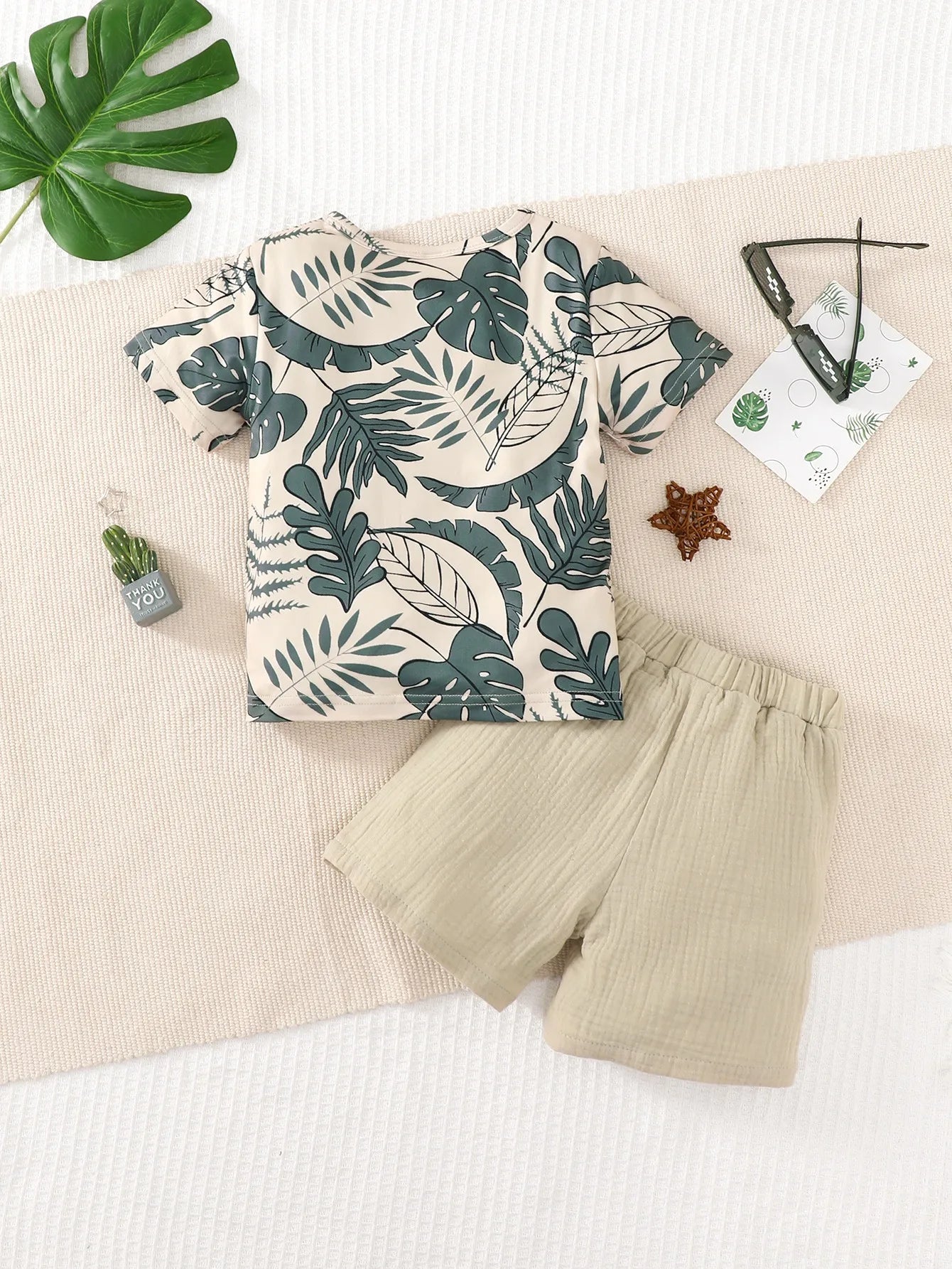 2PCS Kid Boy Clothes Set Short Sleeves Leaf Print Pocket Style T-shirt+Shorts Summer Casual Outfit For Child Boy 4-7 Years