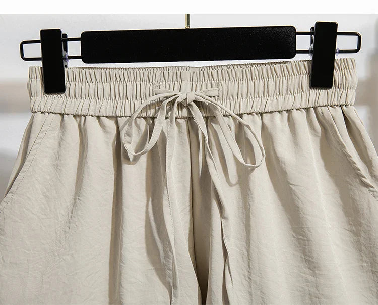 Plus Size Summer Shorts For Women 2025 Summer Ice Silk Drawstring Large Size Loose Shorts Women Korean Streetwear Shorts Female