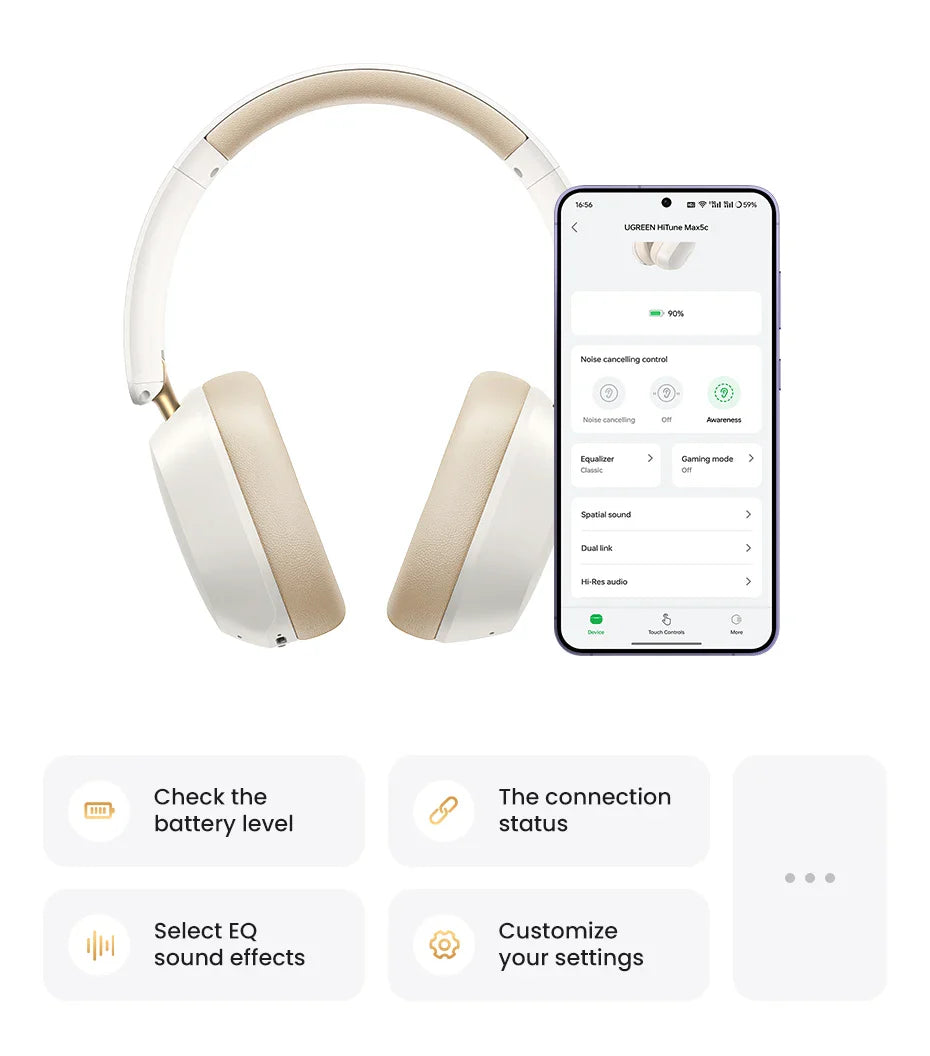 UGREEN Max5c Wireless Bluetooth Headphones 43dB Hybrid Active Noise Cancellation Hi-Res LDAC 75H Spatial Audio Earbuds Headset