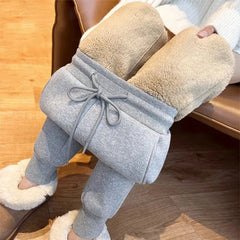 Winter Warm Lamb Wool Sweatpants Women Solid Thick Plus Velvet Casual Sports