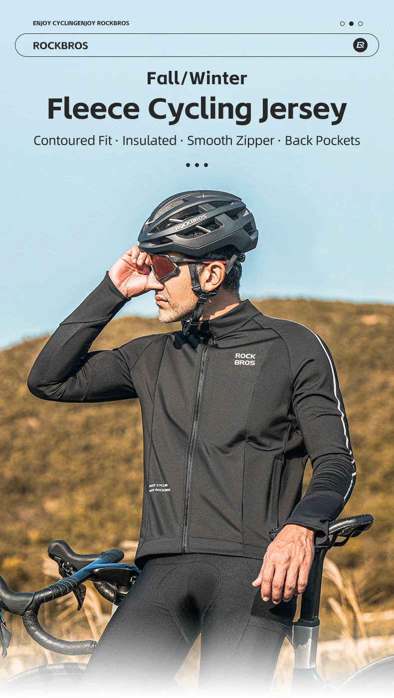 ROCKBROS Bicycle Jersey Fall/Winter Fleece Cycling Clothing Thermal Long Sleeve Cycling Clothing Warmer Windproof Sportswear
