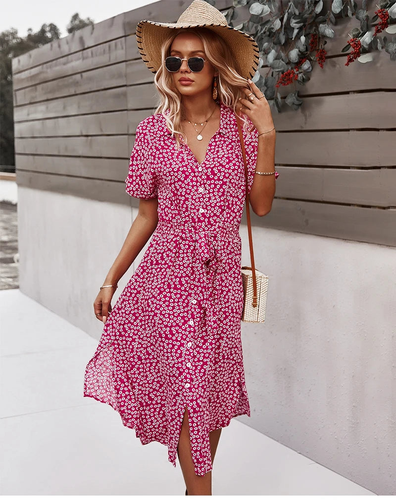 Summer Women Floral Print Dress Casual Short Sleeve Button Holiday Midi Dresses