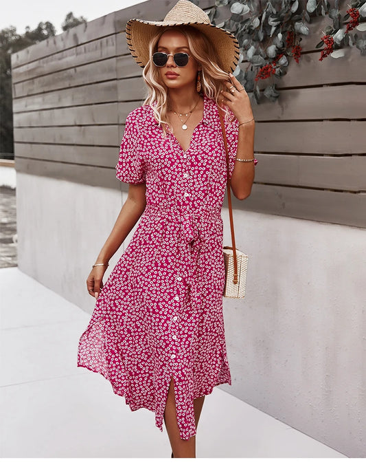 Summer Women Floral Print Dress Casual Short Sleeve Button Holiday Midi Dresses