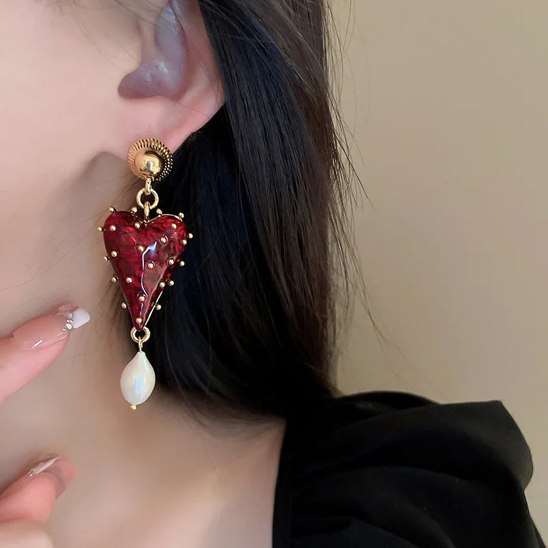 Minar Charming Red Color Resin Love Heart Dangle Earrings for Women Baroque Freshwater Pearl Long Earring Wedding Party Jewelry