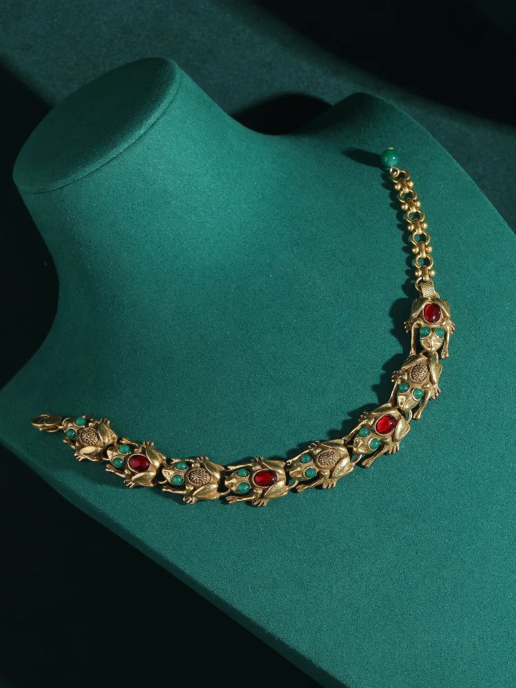 Vintage Adjustable Frog Charm Bracelet with Natural Stone Eyes - 18K Gold Plated Unique Jewelry for Women