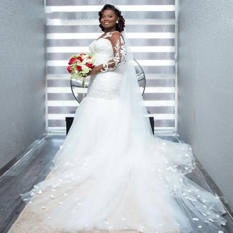 White Bridesmaid Dresses: Lace Applique Scoop Long Sleeves Plus Size