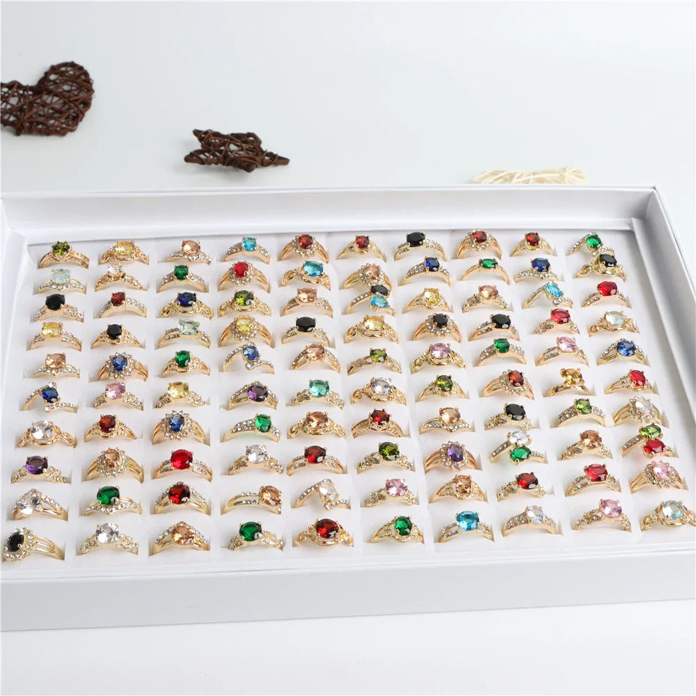 Wholesale 20/30/36/50/100Pcs/Lot Fashion Colorful Shiny Zircon Rings For Women Mix Style Color Wedding Jewelry