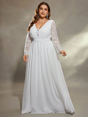 Mgiacy plus size  Deep V shoulder lace long sleeve chest pleated chiffon wedding dress