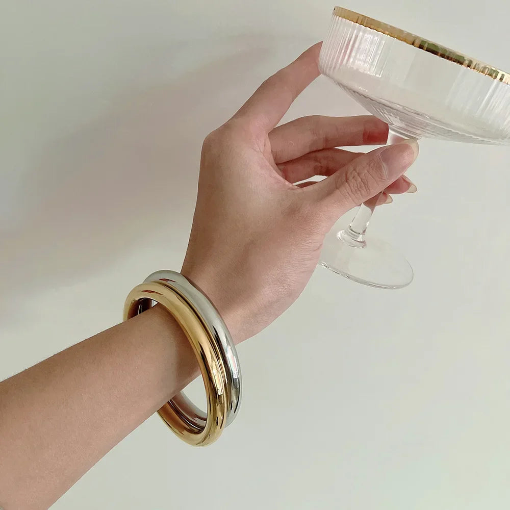 Yhpup 65mm Polished Textured Waterproof Stainless Steel Big Bracelet Bangle Statement Glossy Minimalist Jewelry High Quality