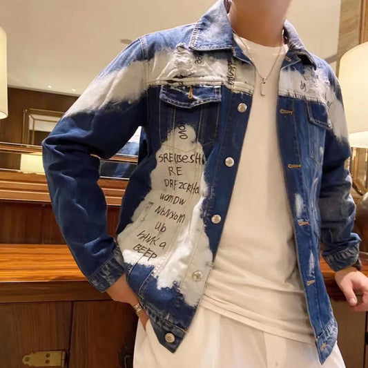 Hole Letter Label Printing Fashion New Men's Denim Slim Fit Bomber Jacket Mens