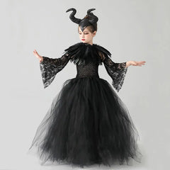 Halloween Black Queen Cosplay Costume For Girl Lace Dress Festive Child Up