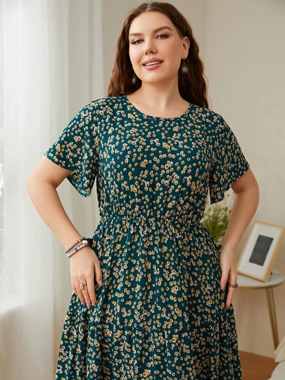 Trendy Big Size Women's Clothing Dress Summer O-Neck Floral Print Midi Dresses Party Elegant Casual Ladies Plus Size Long Dress