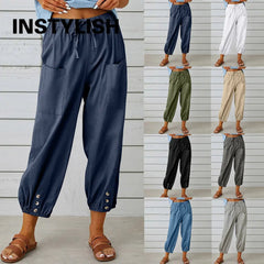 Women Cotton Linen Pants 2023 Autumn Solid Color Elastic Waist Loose Straight Trousers