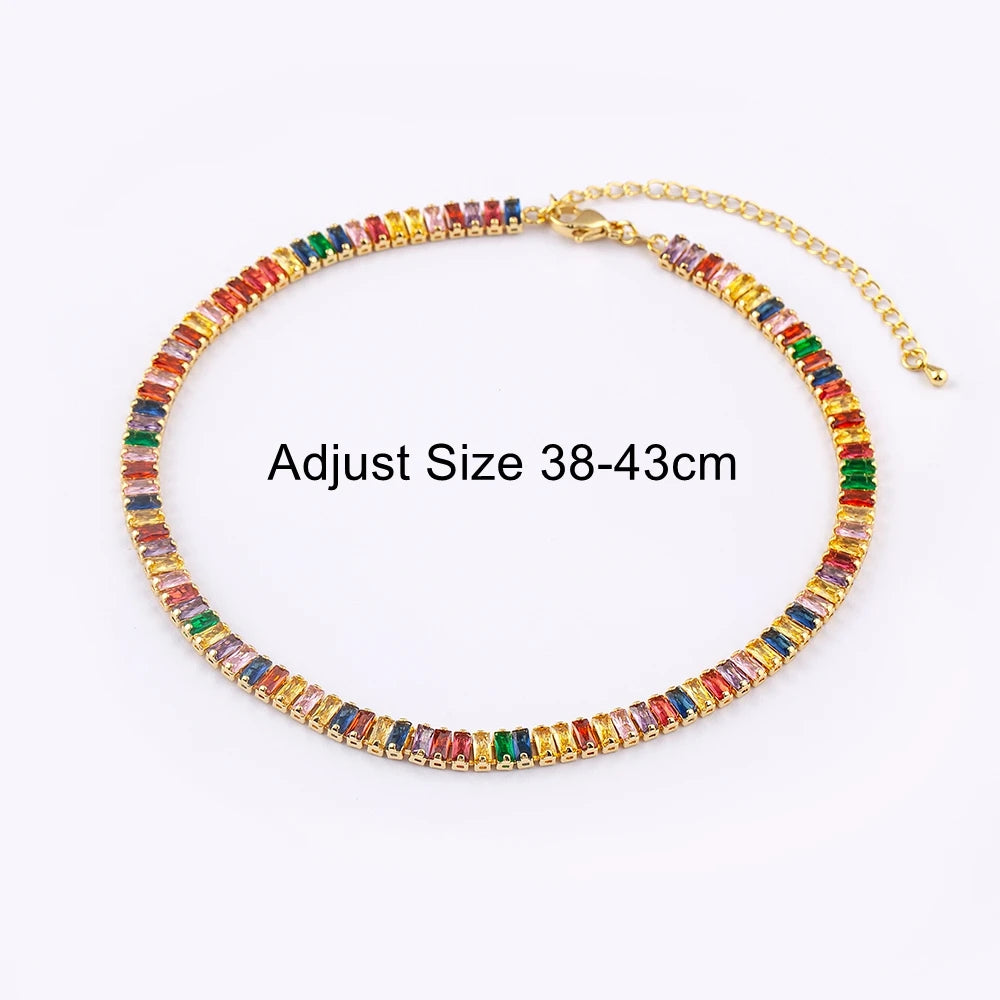 Nidin Classic Colorful Tennis Necklace Men and Women Rectangular Full Zircon Neck
