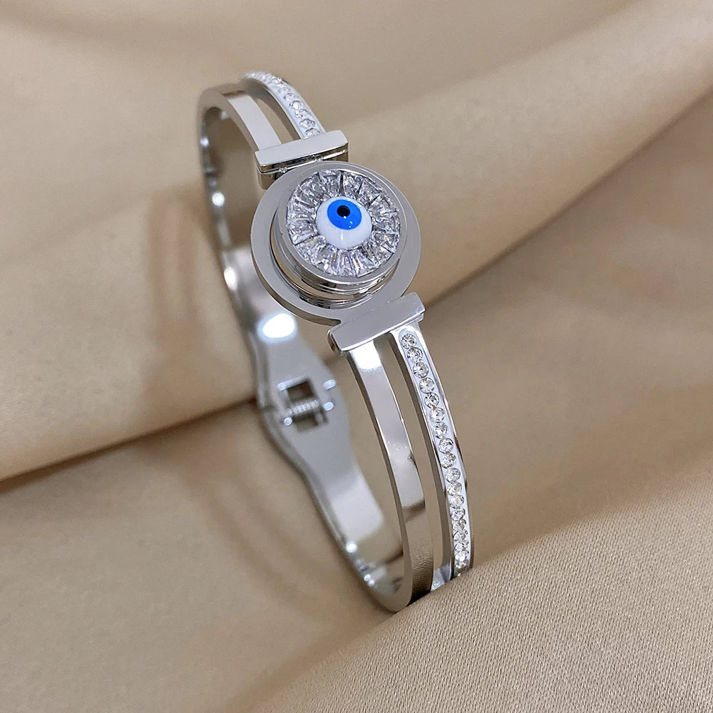 Evil Eye Bracelet Exquisite Stainless Steel Hollow Evil Eye Decorative Charm Bracelet Bangles with Rhinestones
