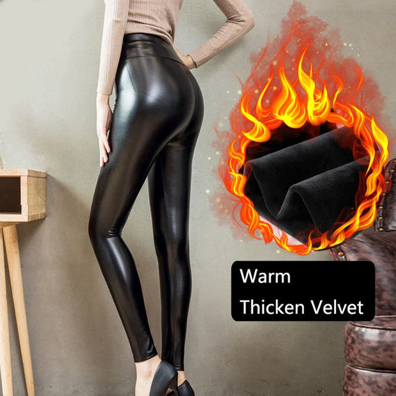 Plus Size Winter PU Leather Leggings Women Thickened Warm Legging High Waist
