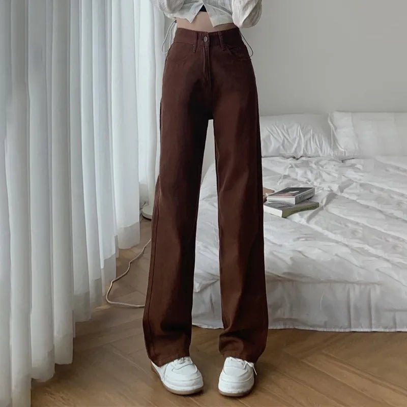 Summer Women Brown Jeans High Waist Loose Straight Wide Leg Denim Trouser