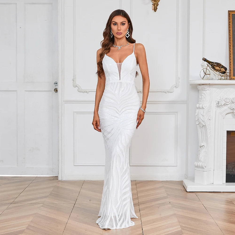 Evening wear Dresses: Women White Sequin Party Maxi Dress Strap Long Evening Dress