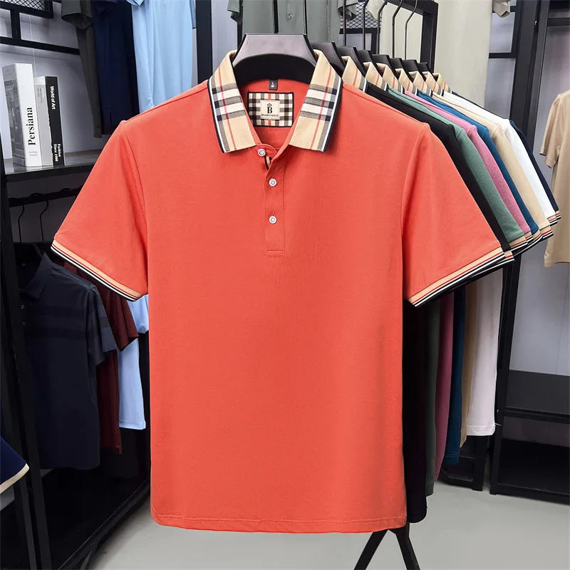 High end silky cotton breathable short sleeve polo shirt men's summer new trend plaid lapel designer brand casual golf T-shirt