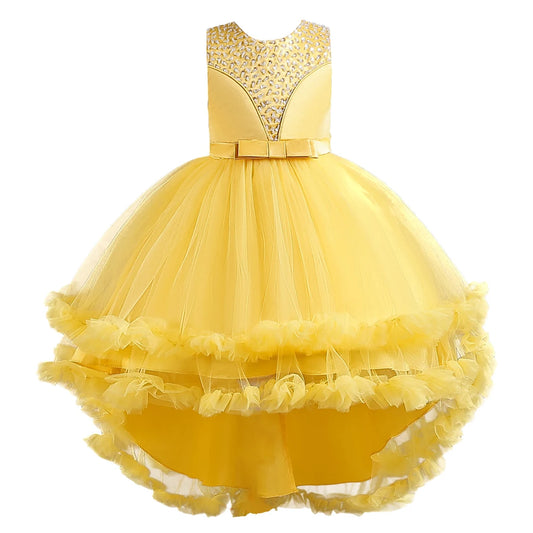Yellow Sleeveless Children's Performance Dress Bow Tail Dress