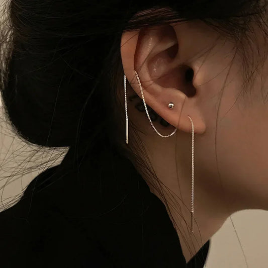Retro Classic Long Tassel Ear Line Drop Dangle Earring for Women Charm Silver Color Stainless Steel Chain Hanging Earing Jewelry