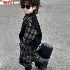 Baby Boys Children Clothes Spring Autumn Kid Fashion Splicing Plaid Coat + Plaid Pants 2Pcs Set Streetwear Handsome Sportswear