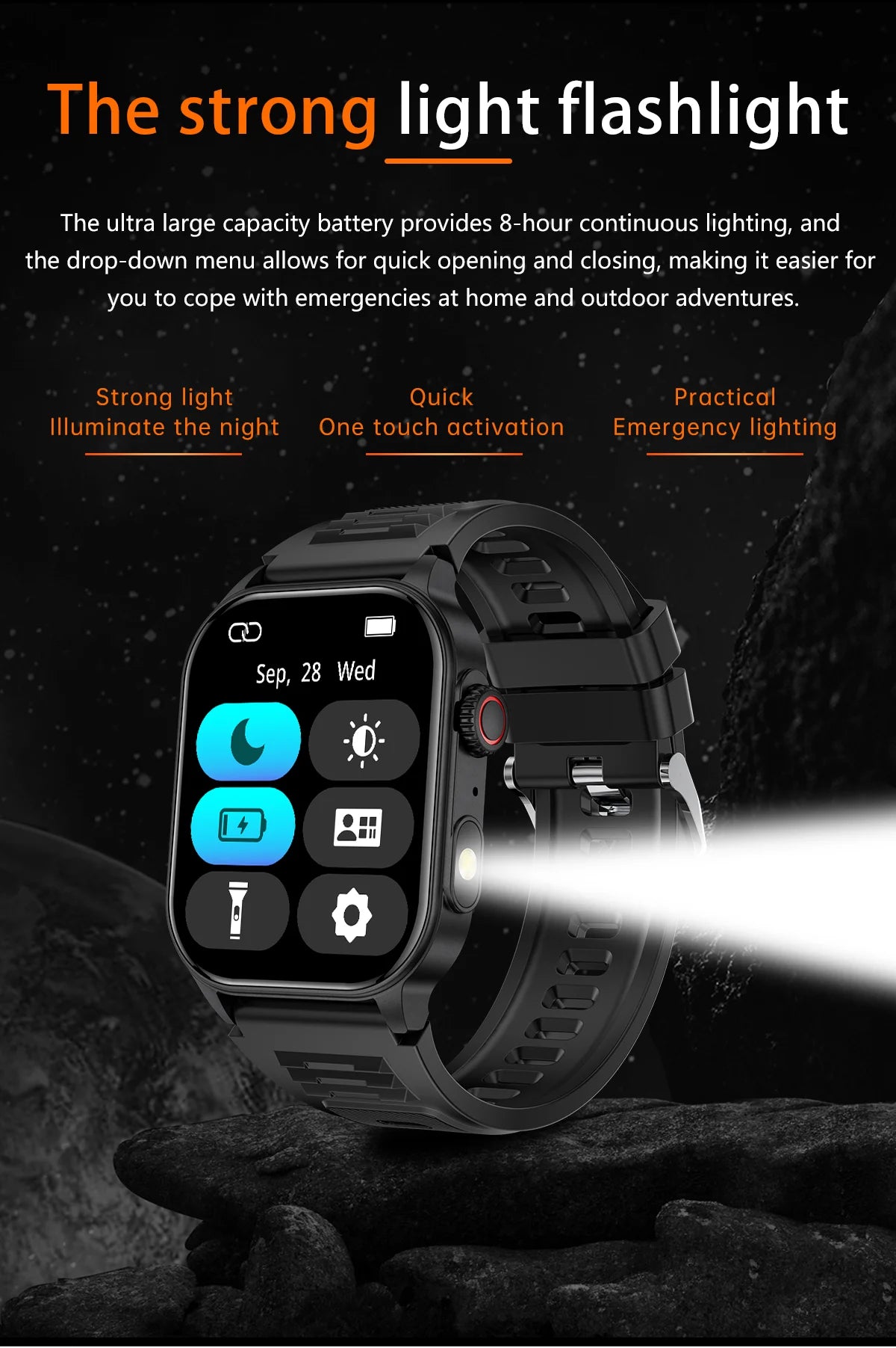 LIGE New Smart Watch LED Flashlight Military Sport Watches 2.01'' Screen Health Monitor Bluetooth Call Waterproof Smartwatch Men