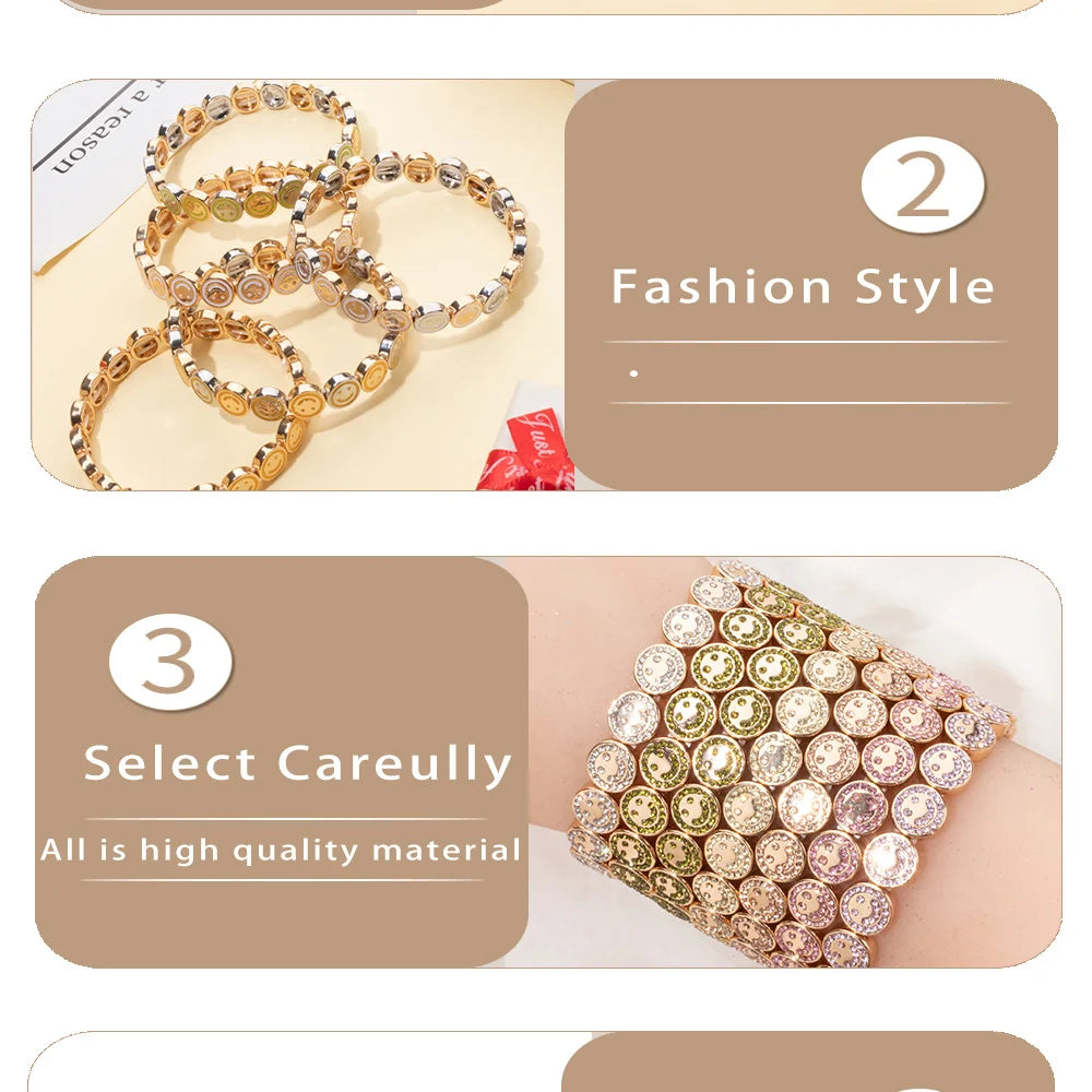 2024 New Happy Bangle Paved Diamond Enamel Beaded Bracelets For Women Boho Gold Color Elastic Bracelets