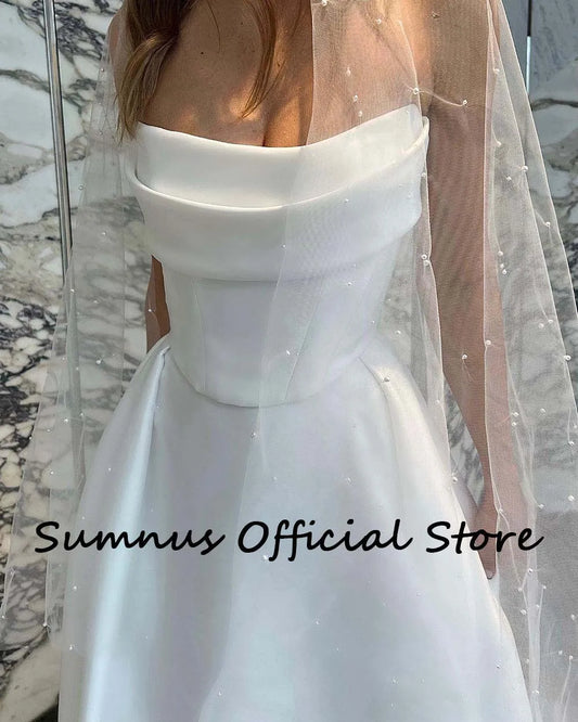 White Bridesmaid Dresses: A Line Wedding Dresses Strapless High Slit Long