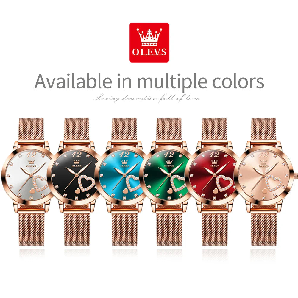 OLEVS 5189 Women's Watch Quartz Wristwatch Casual Fashion Watch for Ladies Waterproof Luminous Mesh Belt Love Dial Zircon Scale