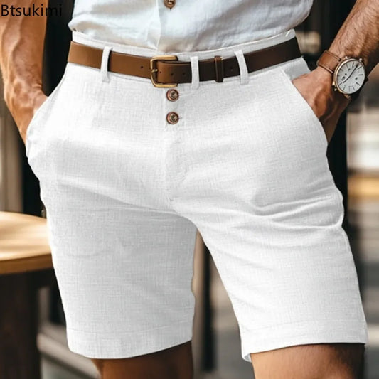 Summer Vintage Cotton Linen Shorts for Men Casual Breathable Solid Color Straight Short Pants Fashion All-match Men Basic Pants