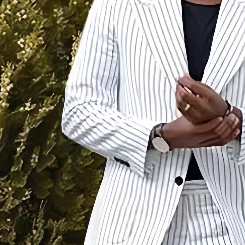 Mens Beach Wedding attire: Men Stripe Suit with Pant Business Leisure Groomsman