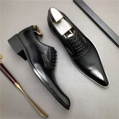 HKDQ Genuine Leather Men Dress Shoes Fashion Brogue Fashion Wedding Pointed Toe Lace Up Business Shoes Formal Black Party Shoe