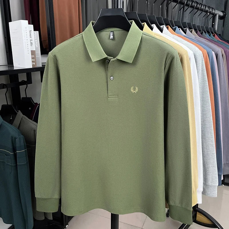 100% pure cotton high-end brand men's long sleeved polo shirt autumn fashion hot selling wheat embroidery golf business T-shirt