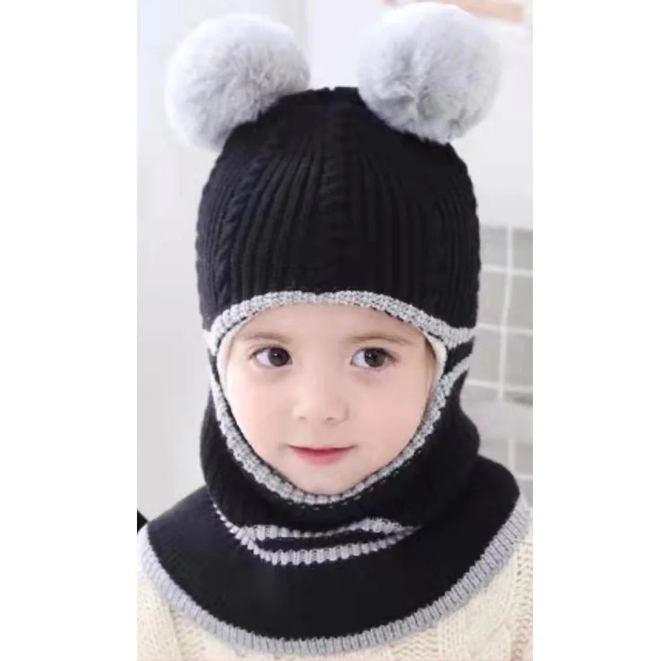2-4year kid's knitted hat winter warm woolen hat  mask scarf one-piece