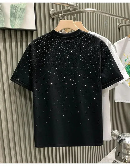 Summer Rhinestone Rivet T-shirt for Men Clothing Round Neck Casual T-shirt Fashion High Street 2025 Men's Summer Short Sleeves