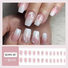 24Pcs/set Summer Short Medium Square Press on Nails Pink Stripe Pattern Fake Nails Glossy Artificial Manicure False Nails Cheap