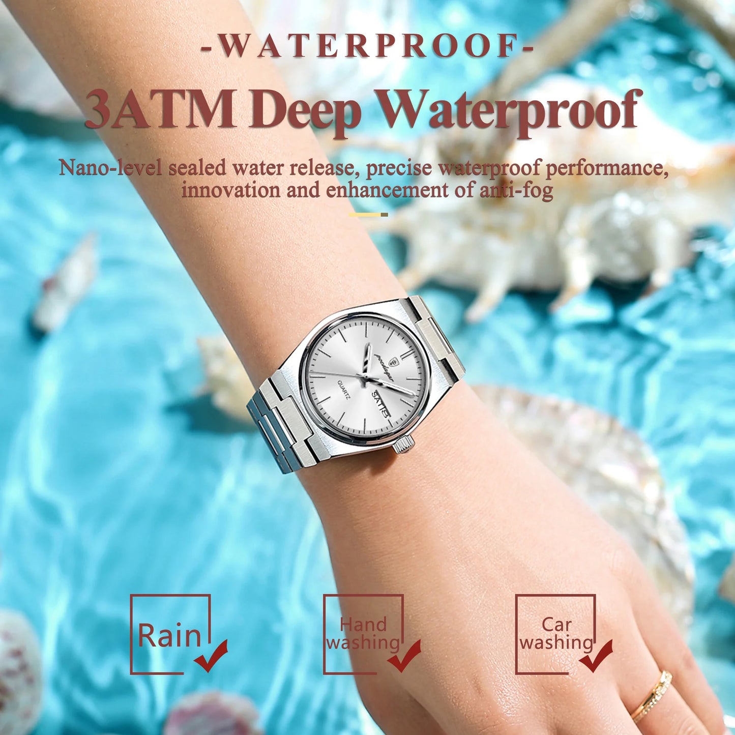 POEDAGAR Original New Woman Watch Stainless Steel Waterproof Luminous Ladies Wristwatch Date Week Elegant Quartz Women's Watches
