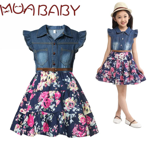 Summer Denim Dress Belted Above Knee Floral Bottom Girls Casual