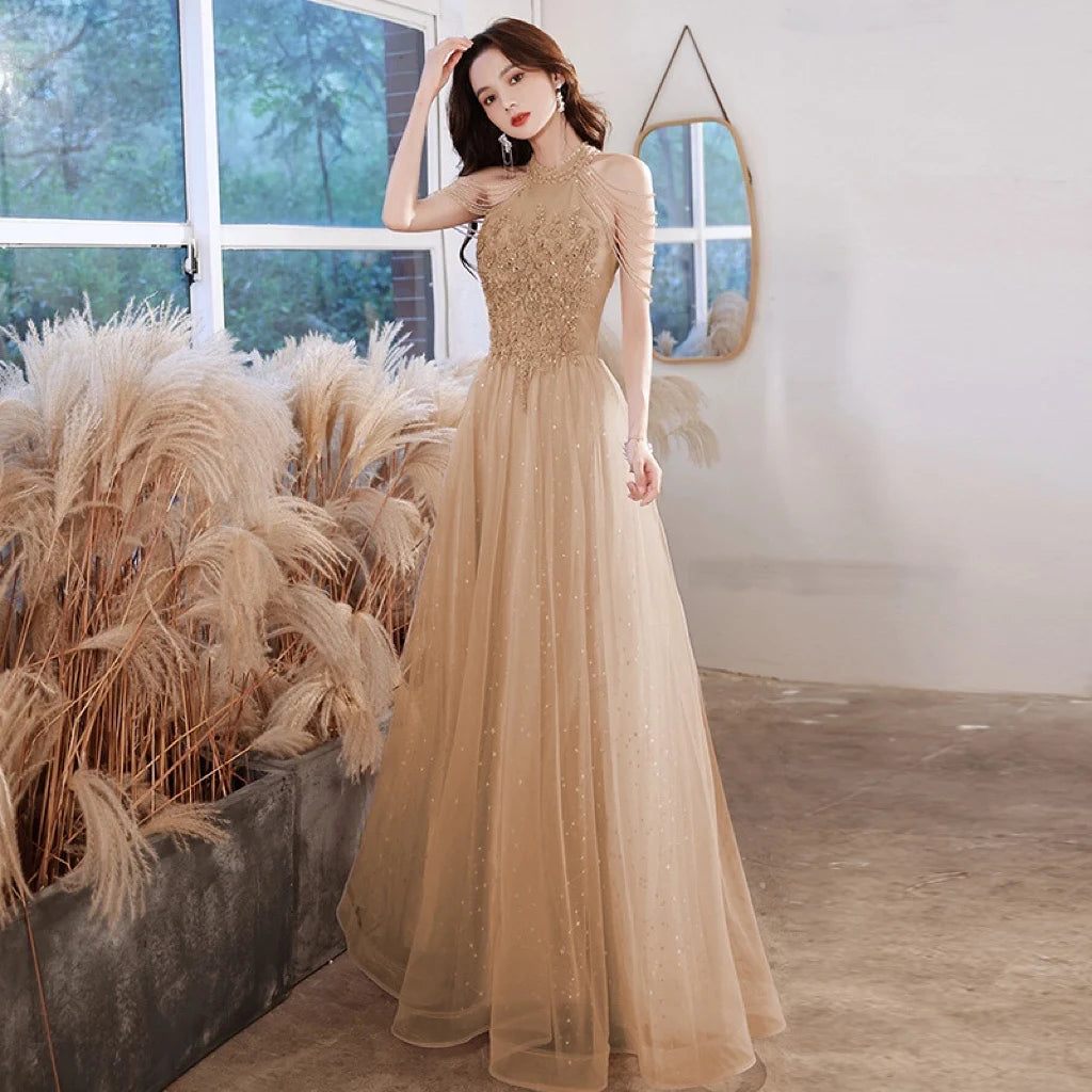 Homecoming Dresses: Sequins Beading Halter With Tassel Sleeve Prom Evening Gowns