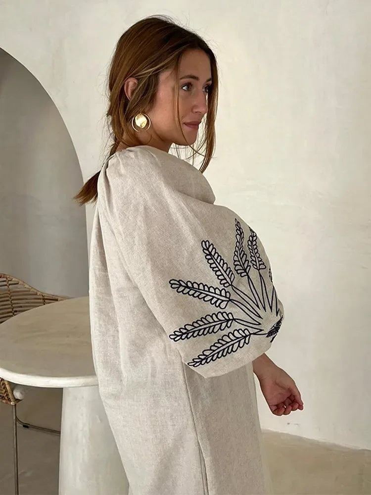 Women Boho Embroidered Print Loose Split Out Dresses Elegant Lantern Sleeves Maxi Dress 2024 Summer Lady Party Beach Robes