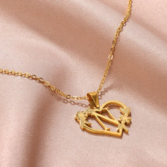 Gold Color Dainty Flower Initials Necklace Women Girl Stainless Steel Heart Letter