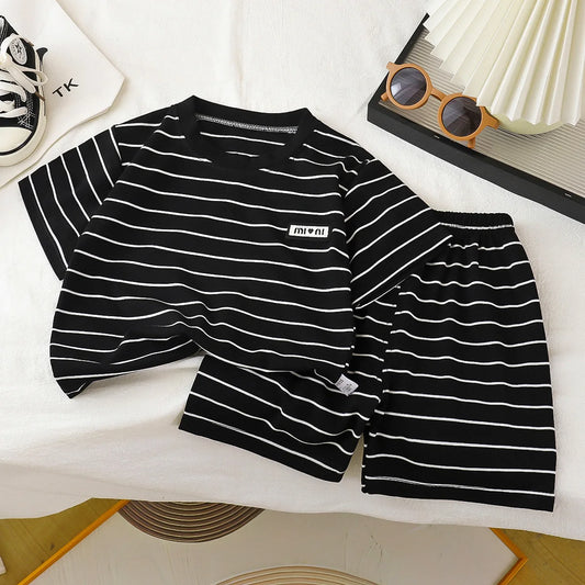 0-5 years Children's short-sleeved suit Summer new boys striped T-shirt shorts two-piece suit baby breathable casual sportswear