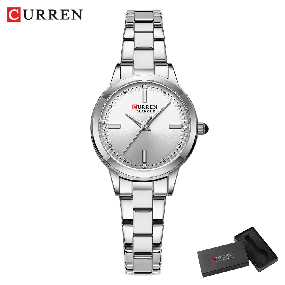 CURREN Simple Round Dial Fashion Dress Quartz Watches for Ladies with Stainless Steel Bracelet Luxury Wristwatches