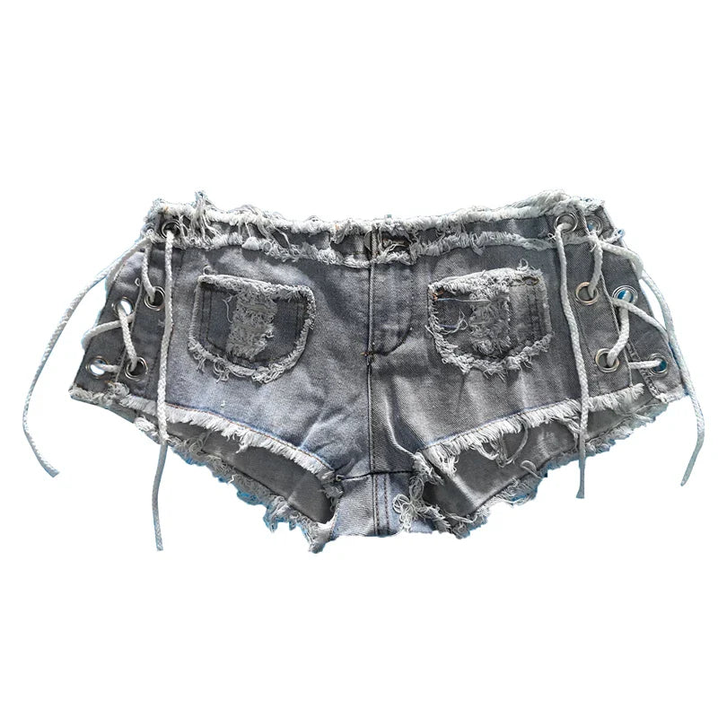 New Korean Summer European American Fashion Sexy Low Waist Ripped Rough Edge Women's Denim Shorts Slim Fit Slimming Hot Pants