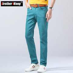 Men's Bright Stretch Fit Jeans Trendy Denim Straight-leg Trousers Male Red Lake